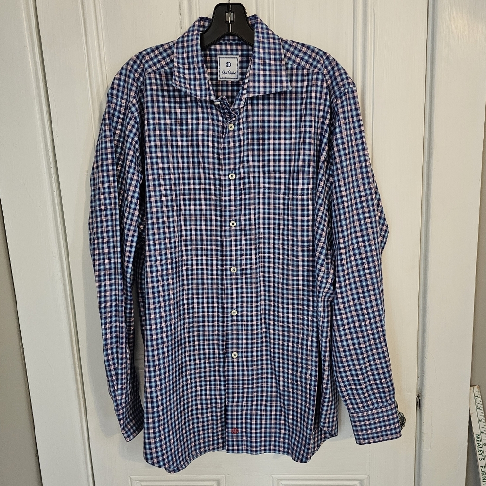 David Donahue Men's XL Long Sleeve Button Down Shirt Plaid Cotton Blue Red